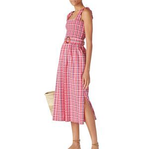 Waverly Grey Pink Plaid Seersucker Midi Smocked Cami Dress S